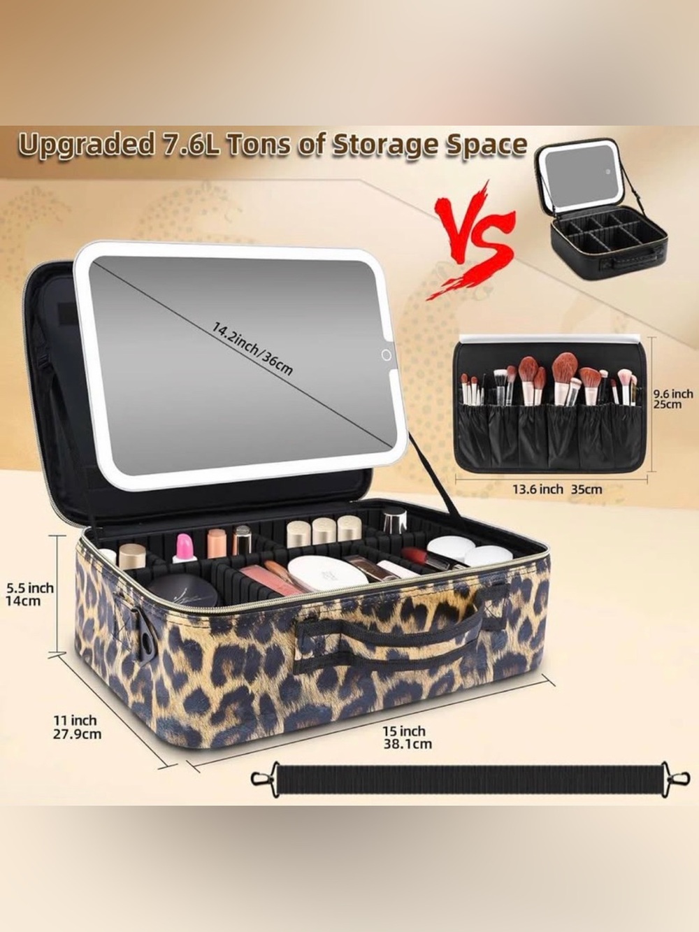 NEW 15''X11'' Large Travel Makeup Bag with LED mirror & Adjustable Dividers - Picture 2 of 6